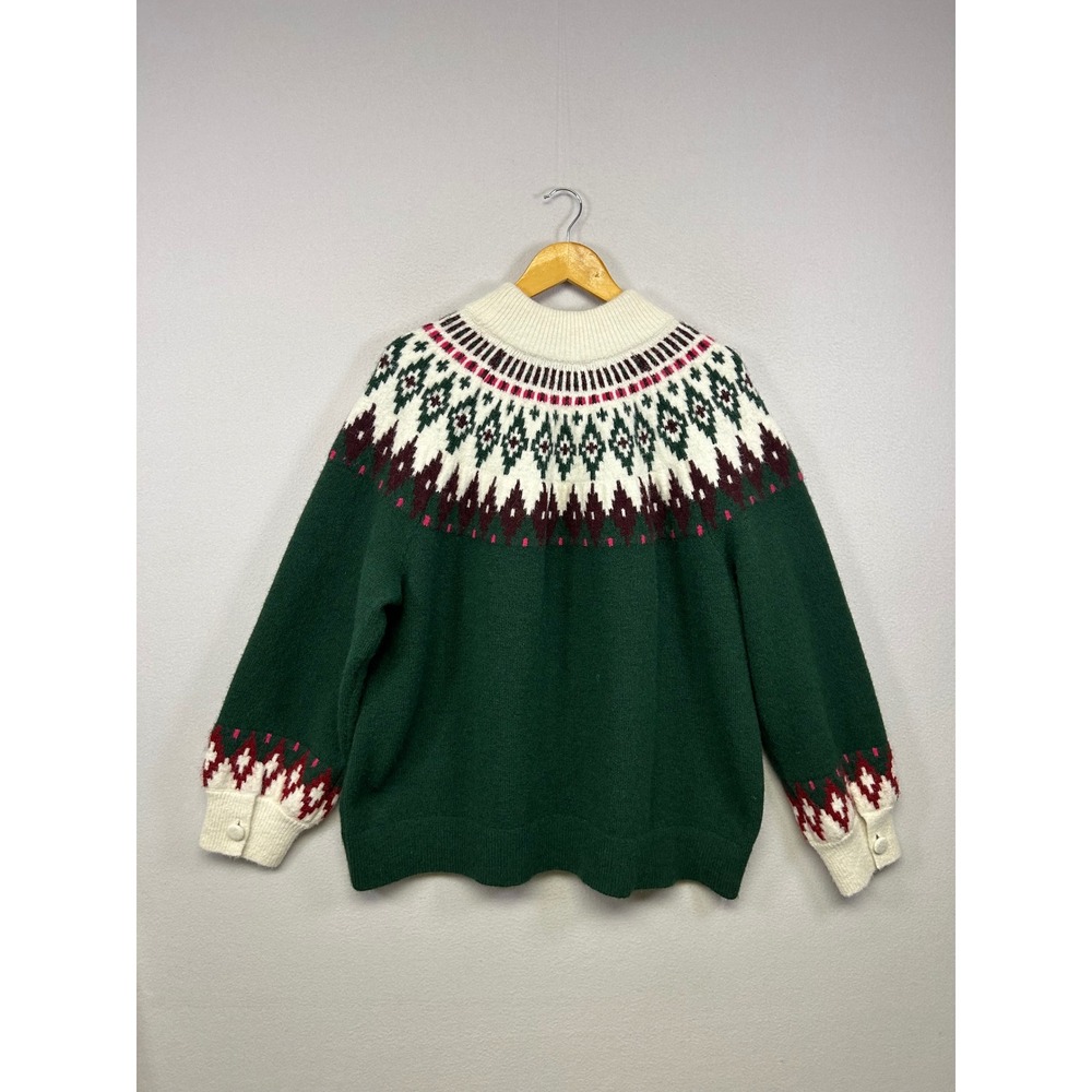 Fair Isle Cabin Lands End Womens 3X Green Mock Neck Button Cuff Sweater 9587 - Picture 2 of 9
